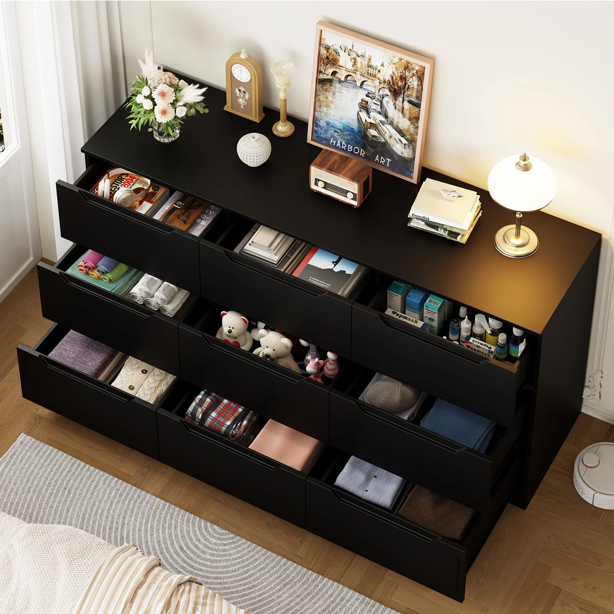 Winkalon 9 Drawers Double Dresser, Modern Wood Dresser Chest of Drawers with Large Storage Space for Bedroom,Living Room, Hallway, Black