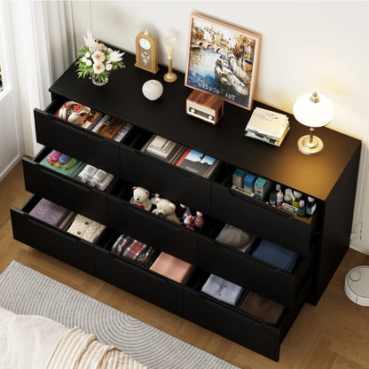 Winkalon 9 Drawers Double Dresser, Modern Wood Dresser Chest of Drawers with Large Storage Space for Bedroom,Living Room, Hallway, Black