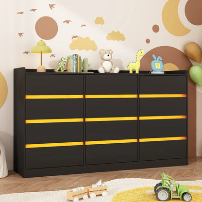 9 Drawer Dresser for Bedroom with Power Outlet, 63" Large Dresser with LED Light, Wooden Dresser For Closet, Chest of Drawers with Raised Edges