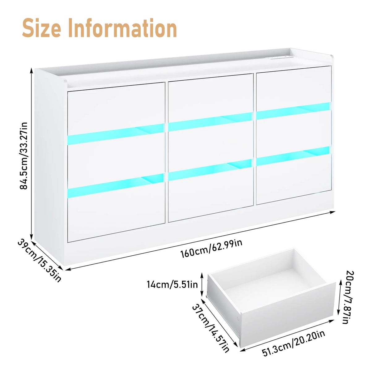9 Drawer Dresser for Bedroom with Power Outlet, 63" Large Dresser with LED Light, Wooden Dresser For Closet, Chest of Drawers with Raised Edges
