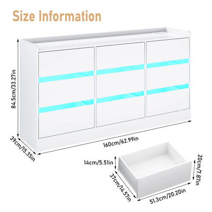9 Drawer Dresser for Bedroom with Power Outlet, 63" Large Dresser with LED Light, Wooden Dresser For Closet, Chest of Drawers with Raised Edges