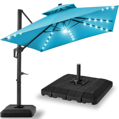 Best Choice Products 10x10ft 2-Tier Square Outdoor Solar LED Cantilever Patio Umbrella w/ Base Included - Tan