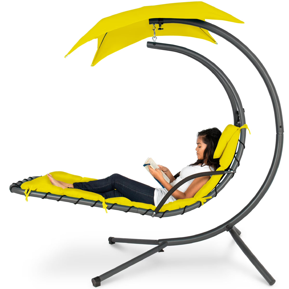 Best Choice Products Hanging Curved Chaise Lounge Chair Swing for Backyard, Patio w/ Pillow, Shade, Stand - Teal
