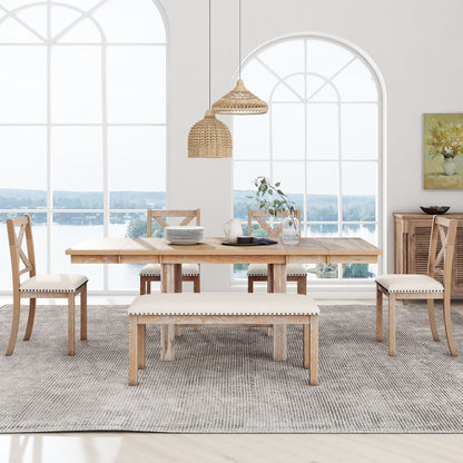 6 Piece Extendable Dining Table Set, Atumon Wood Dining Room Set for 6, Dining Table Set with 4 Beige Cushioned Chairs and Bench, Farmhouse Dining Table Set Furniture for Kitchen Dining Room, Natural