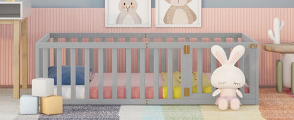 Wood Floor Bed with Fence and Door for Kids, Twin, Gray