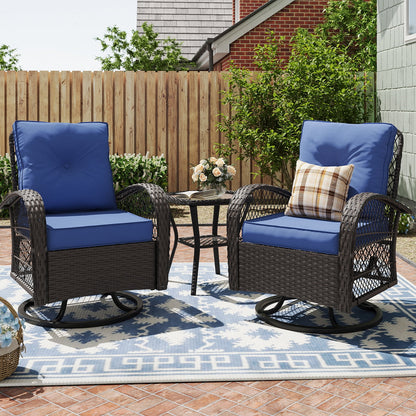 MRUAKA 3 Pieces Patio Furniture Set, Outdoor Swivel Gliders Rocker, Wicker Patio Bistro Set with Rattan Rocking Chair, Glass Top Side Table and Thickened Cushions (Khaki)