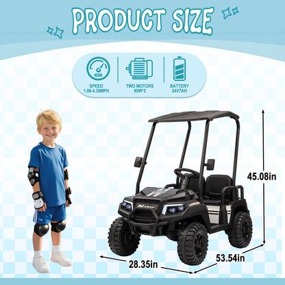 24V XL Kids Ride on Golf Cart, Electric Car w/Remote Control, Detachable Awning, 4 Seats, 3 Speeds, LED Lights, Spring Suspension, Bluetooth, Audio, Blue