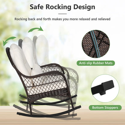 Costway Patio Wicker Rocking Chair W/Seat Back Cushions & Lumbar Pillow Porch Off White
