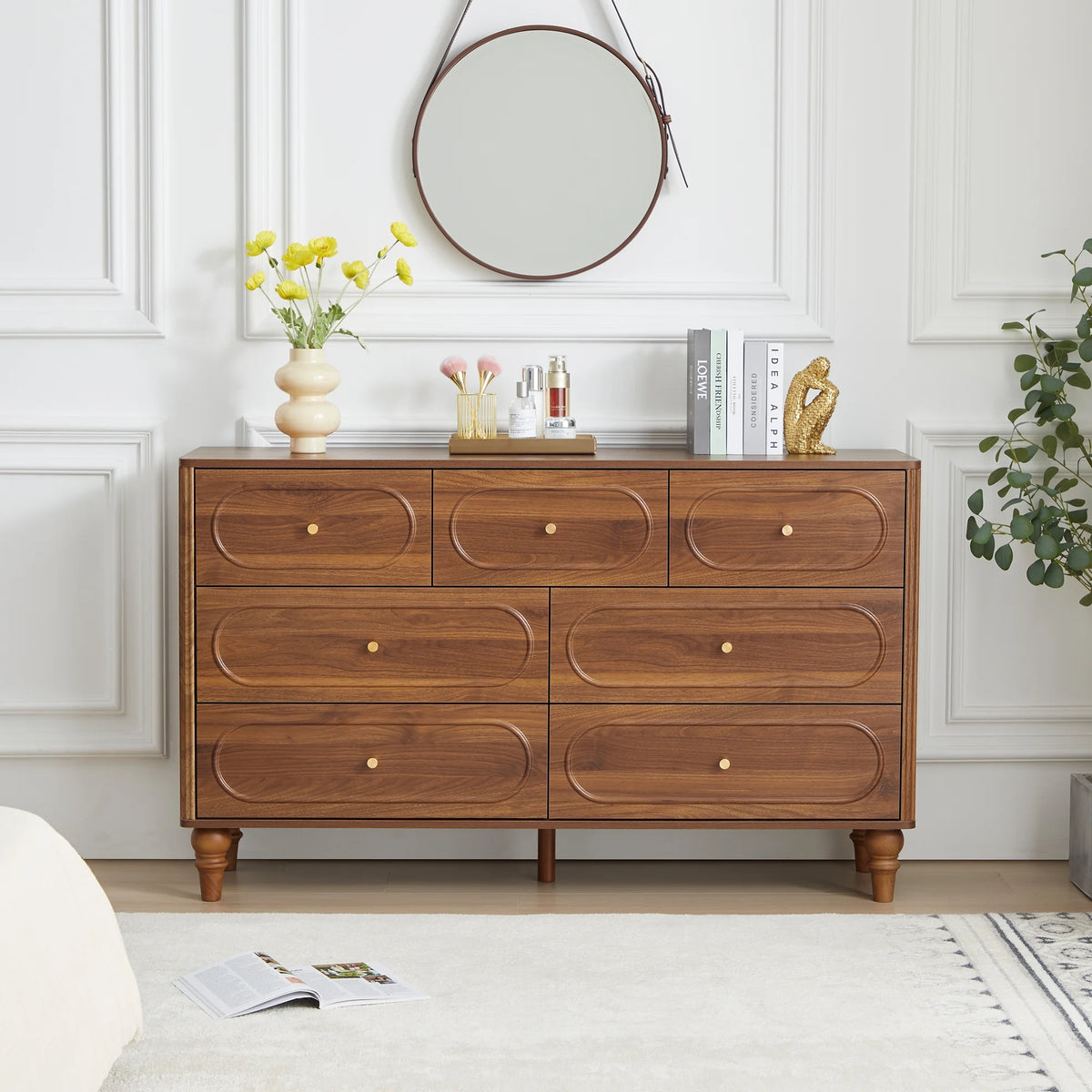 YOCWO 3 Drawer Nightstand, Classic Chest of Drawers with Arc Edge, Walnut