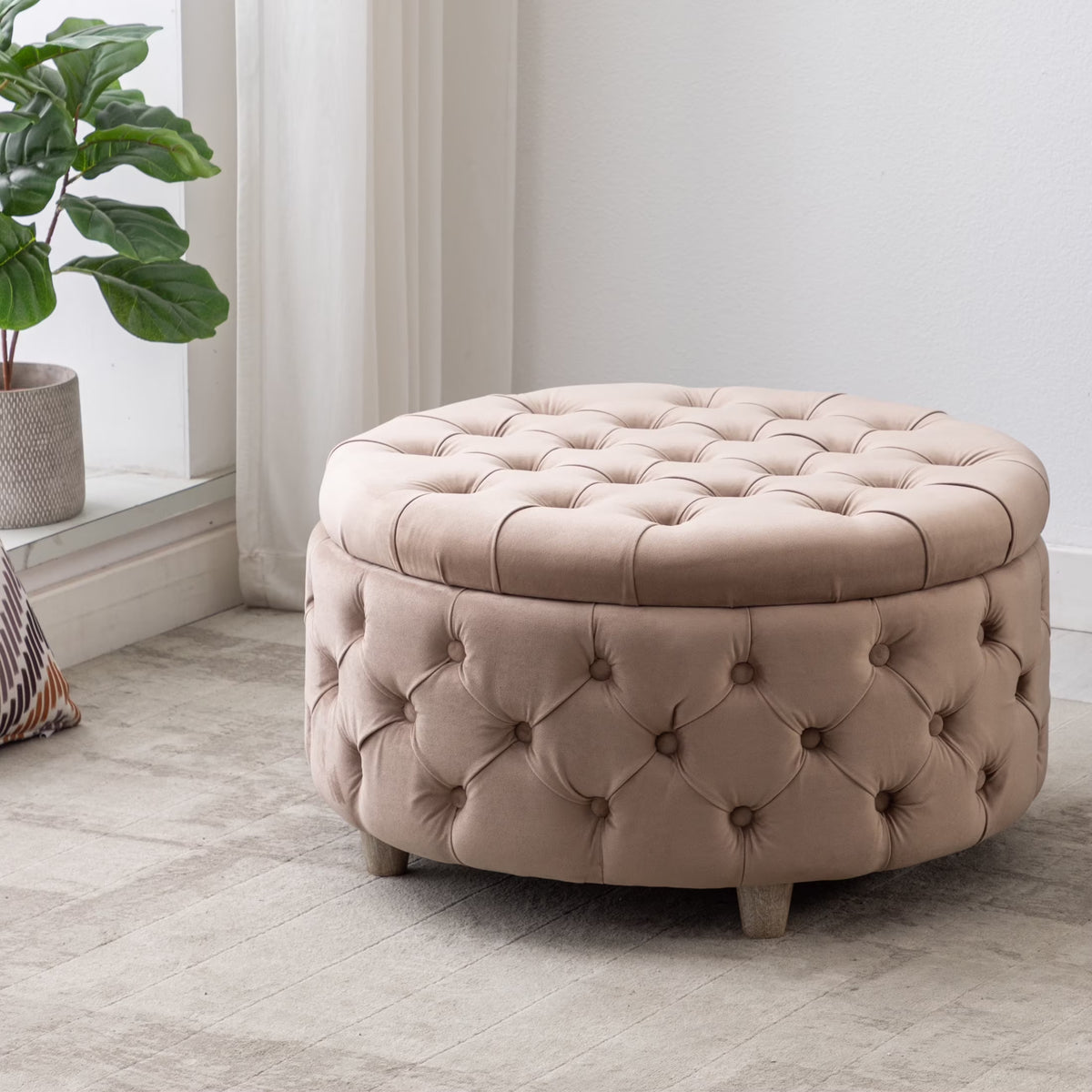 WestinTrends Wordford Round Velvet Tufted Storage Ottoman, Velvet Navy Blue