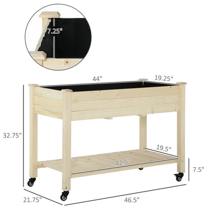 Outsunny 47" x 21" Raised Garden Bed Elevated Wooden Planter Box w/ Lockable Wheels, Storage Shelf and Bed Liner for Backyard, Patio, Dark Gray