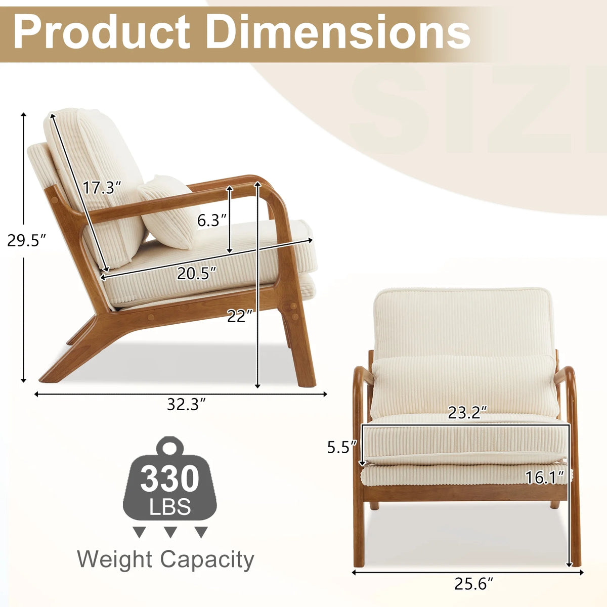 Ktaxon Accent Chair Corduroy Upholstered Armchair, Reading Club Chair with Pillow and Solid Wood Frame for Living Room Bedroom Furniture Off White