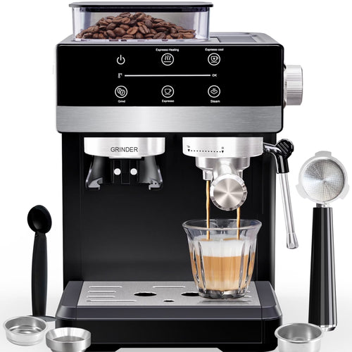 Bluebow Espresso Machine with Grinder, 20Bar Semi-Automatic Coffee Maker with Milk Frother, Professional Cappuccino Latte Machine for Home, Office