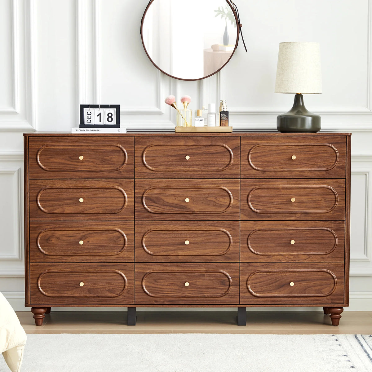 YOCWO 3 Drawer Nightstand, Classic Chest of Drawers with Arc Edge, Walnut