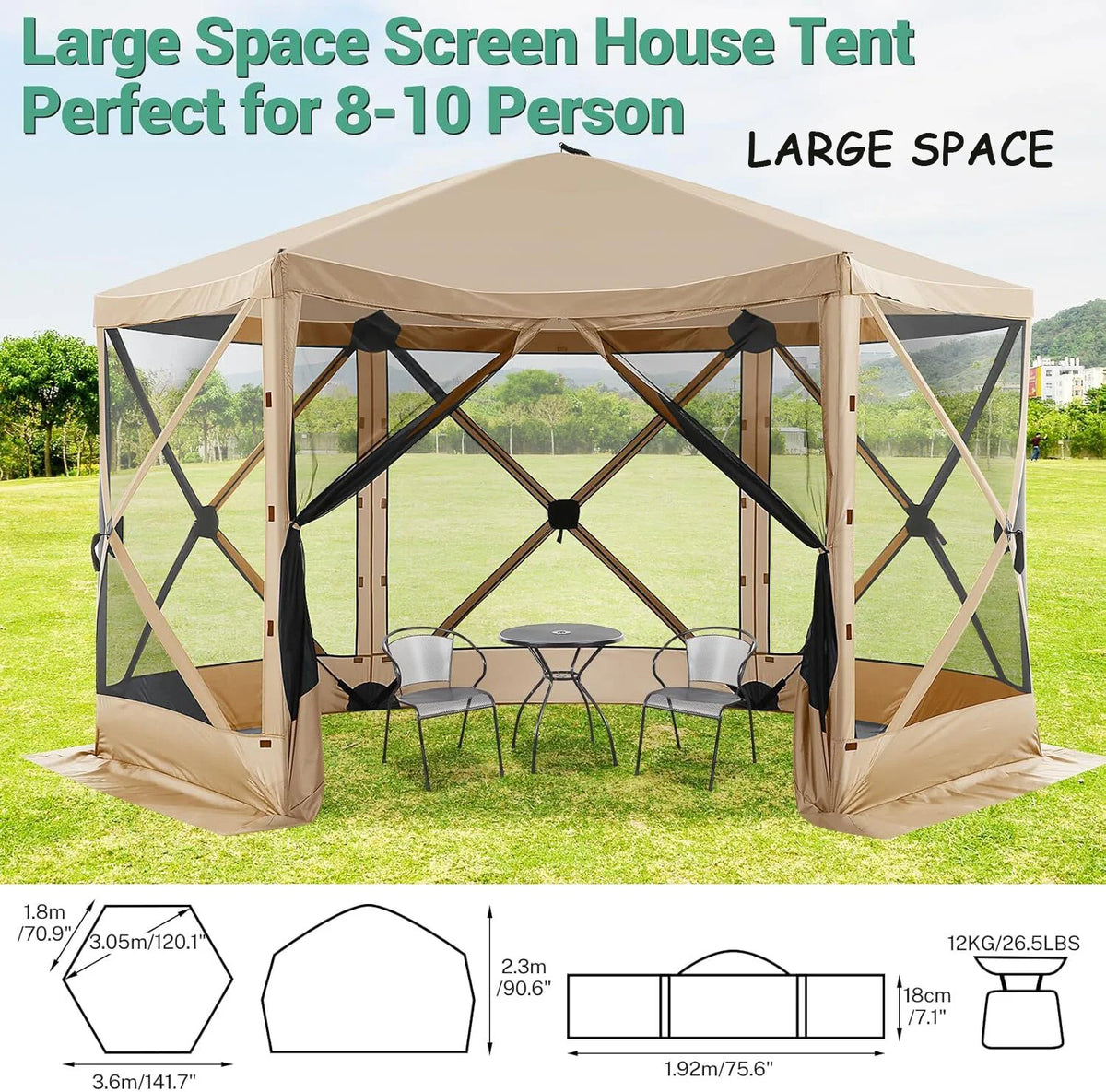 COBIZI 12x12 Pop Up Canopy Gazebo, Outdoor Canopy Tent Screen House with 5 sidewalls and Netting for Camping, Waterproof, UV Resistant, Ez Set-up Party Tent with Carrying Bag and Ground Stakes,Brown