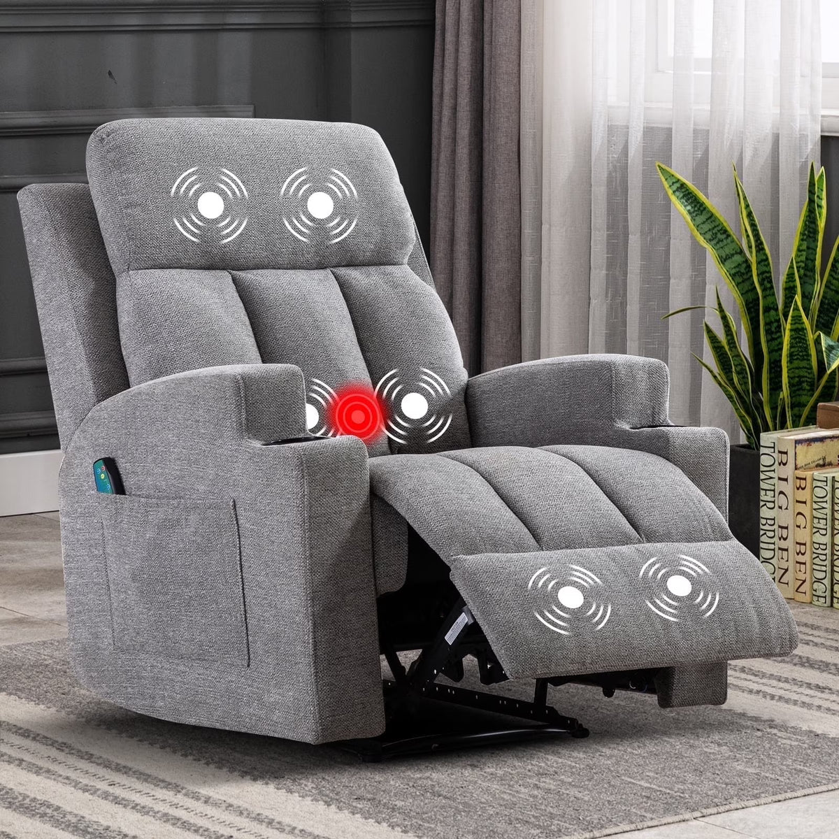 Bonzy Home Heated Manual Massage Recliner with Cup Holder Padded Breathable Fabric Recliner, Home Theater Seating��Navy