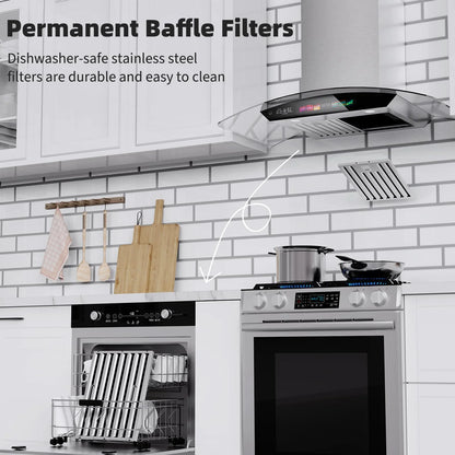 BRANO 30 inch Wall Mount Range Hood 900 CFM, Voice/Gesture/Touch Control, Stainless Steel Kitchen Hood Vent with 4 Speed Exhaust Fan, Adjustable Lights, Memory Mode