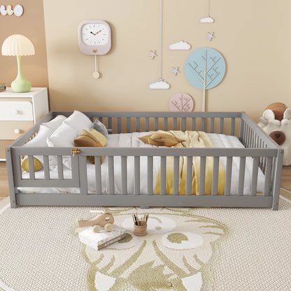 Bellemave Full Size Floor Bed with Door and Fence Floor Bed with Bed Slats Sturdy Wood Floor Bed Montessori Bed Frame (Full, Pink)