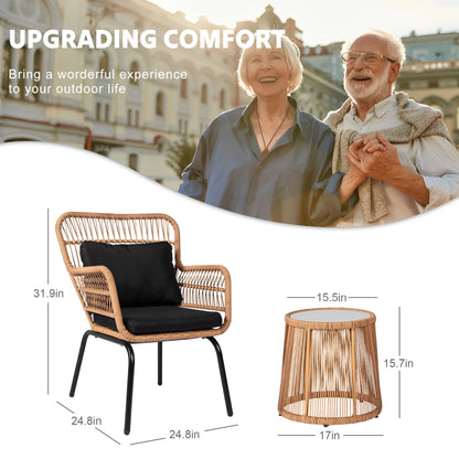 Tappio 3-Piece Patio Conversation Bistro Set Rattan Furniture, Outdoor Patio Set w/Glass Top Table & Cushions for Garden Balcony Backyard Poolside, Yellow/Beige