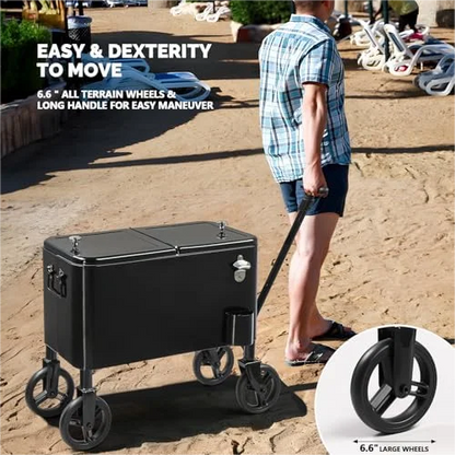 80 Quart Wagon Rolling Cooler Ice Chest, /Long Handle and 10" Wheels, Portable Beach Patio Party Bar Cold Drink Beverage, Outdoor Park Cart on Wheels