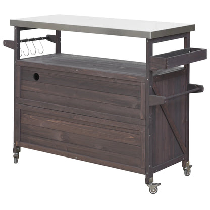 Bellemave Outdoor Serving Cart Kitchen Island Solid Wood Mobile Rolling Bar Cart with Lockable Wheels, Rack and Stainless Steel Top Beverage Storage Counter Table with Cabinet for Patio, Natural