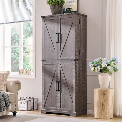 47" Kitchen Pantry, Farmhouse Storage Cabinet with Barn Doors, Organizer and Adjustable Shelves, Rustic Wood Cupboard for Kitchen, Dining Room, Bathroom and Hallway, Black