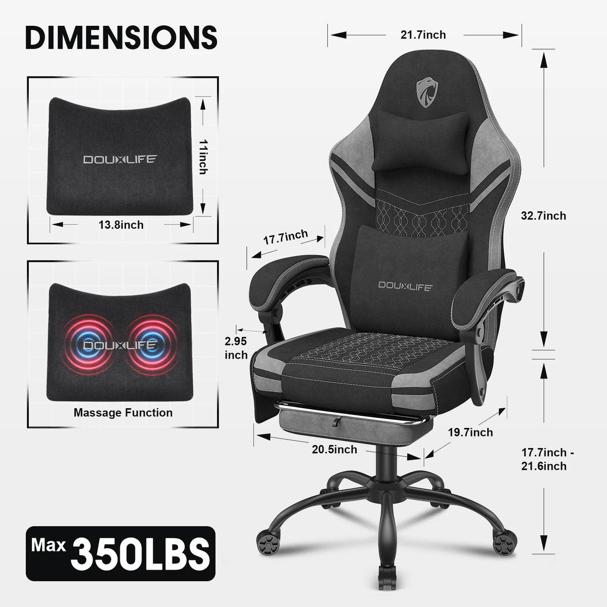 Douxlife Massage Gaming Chair, Spring Cushion, Breathable Fabric Gaming Chair with Footrest, Ergonomic Computer Chair for Adults & Kids