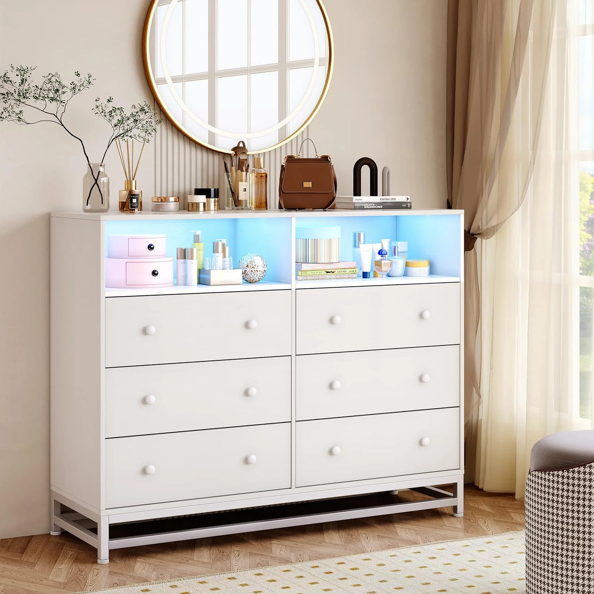 Homhougo Dresser for Bedroom 6 Drawer with LED Light & Charging Station, Wooden Dressers and Chests of Drawers with 2-Tier Open Shelves, Wide Dresser Organizer for Living Room Hallway Entryway, Pink
