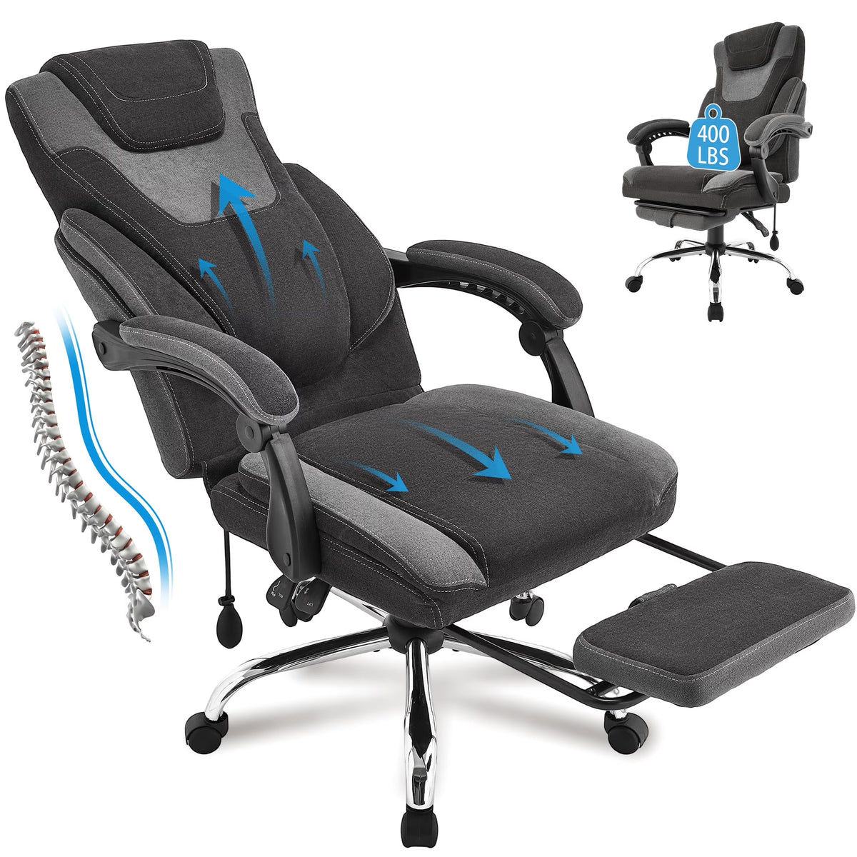 JONPONY Big and Tall Office Chair 400lbs, Executive Reclining Office Chairs with Footrest, High Back Home Office Chair Thick Padded Armrests, Ergonomic Adjustable Lumbar Support, PinkWhite