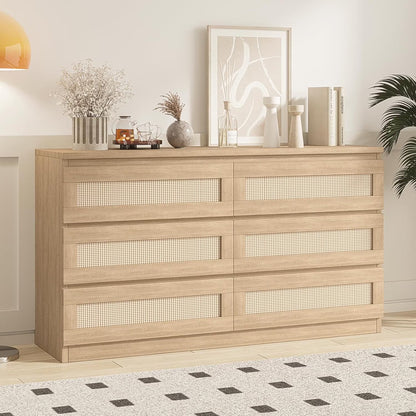 Jojoka 6-Drawers Rattan Dresser for Bedroom Chest of Drawers, TV Stand for 55" TV, Wood Top Storage Organizer Cabinet for Living Room, Entryway, Hallway, Natural