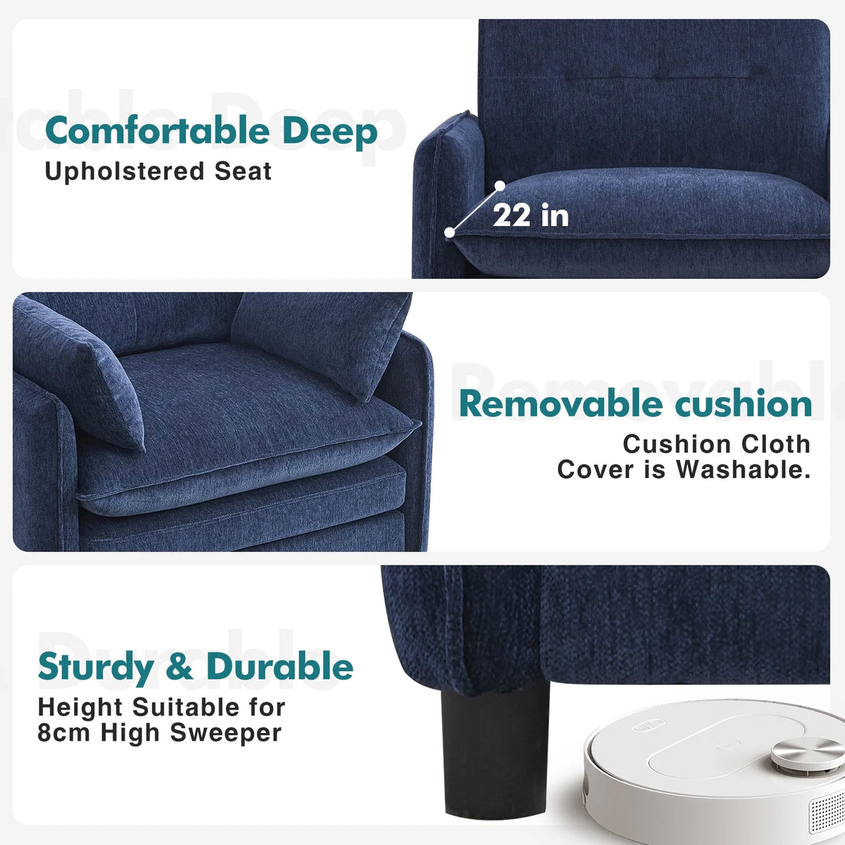 Aemeios Upholstered Chenille OversizedAccent Armchairs with Ottoman and Side Pocket, Cream
