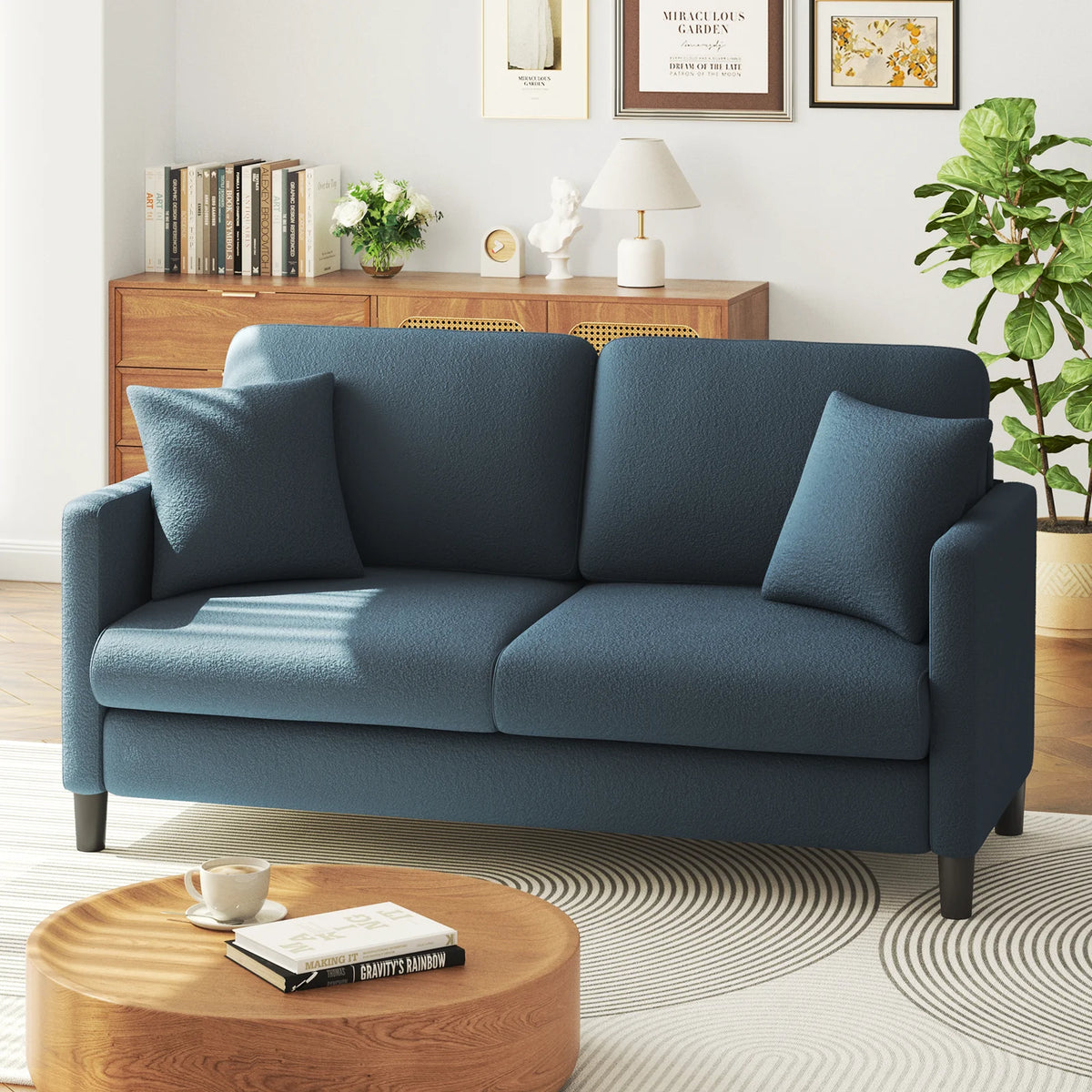 Loveseat Sofa,65" Comfy Teddy Fleece Love Seat Couch,Neche Extra Deep Seats Sofas,Tool-Free Setup Couch with 2 Pillows for Living Room,Coffee Brown