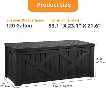 Uforic Outdoor 120 Gallon Large Resin Deck Box, Outdoor Storage Boxes with X-Shaped Front, for Patio Garden, Waterproof & Lockable, Light Brown