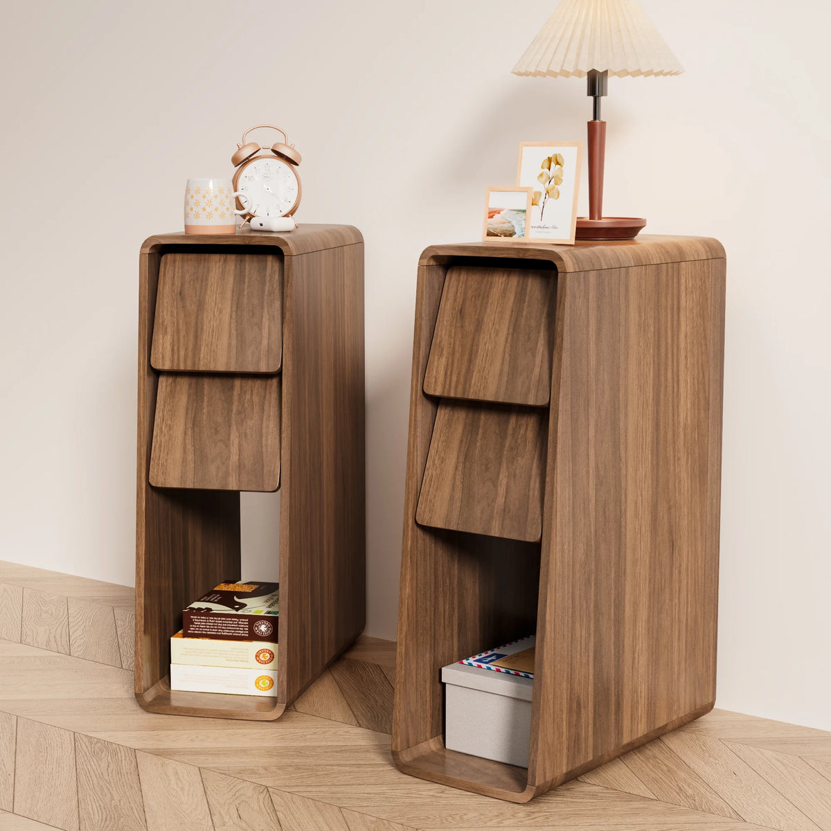 Narrow Nightstand Set of 2 with Drawers, Fluted Slim Side End Table with Storage for Small Spaces