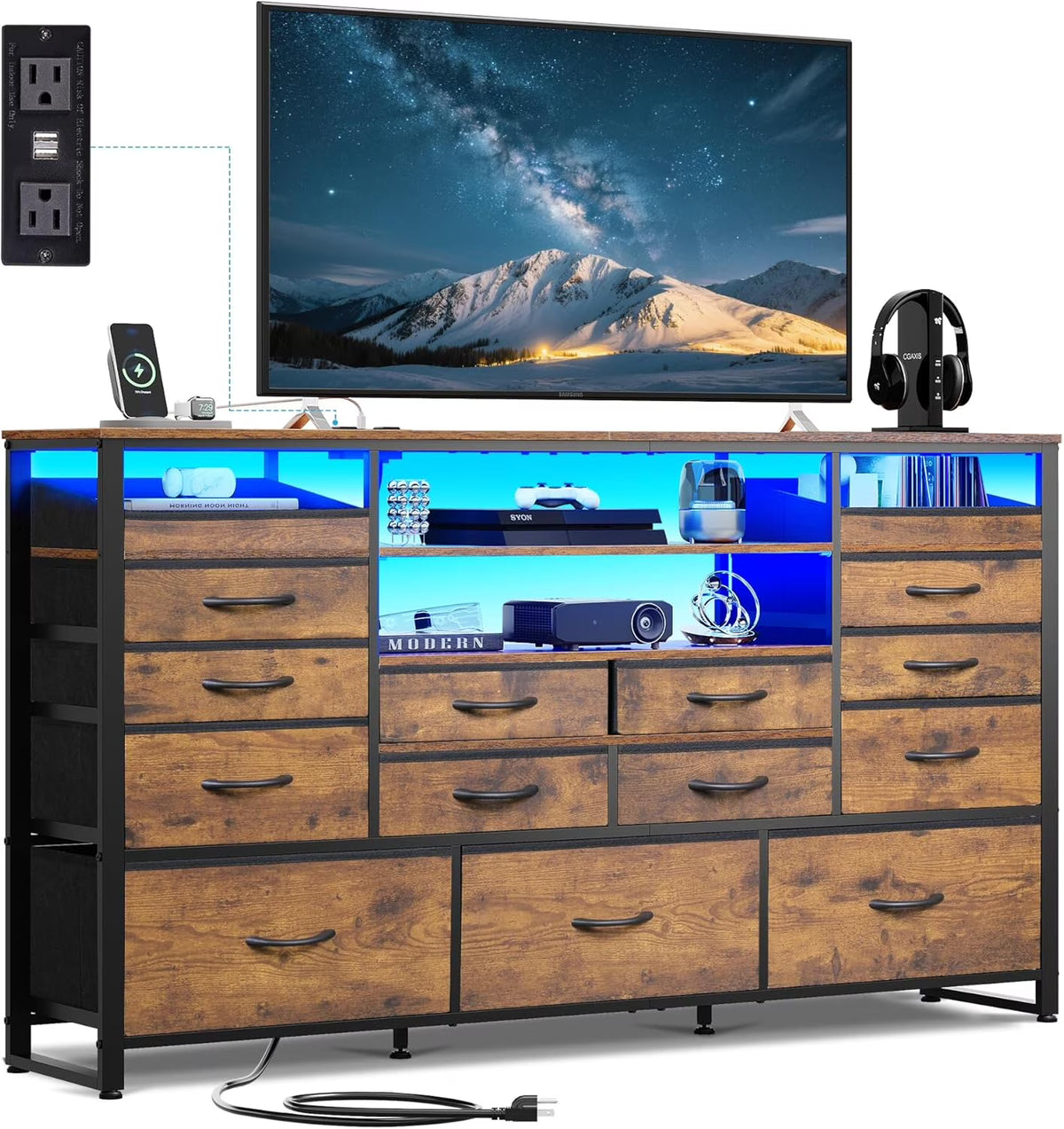 Black TV Stand for 55, 60, 65 inch TV, Entertainment Center with LED Lights & Charging Station, TV Media Console Table with 15 Fabric Drawers and Open Shelves for Living Room, Hallway, Wood Topm