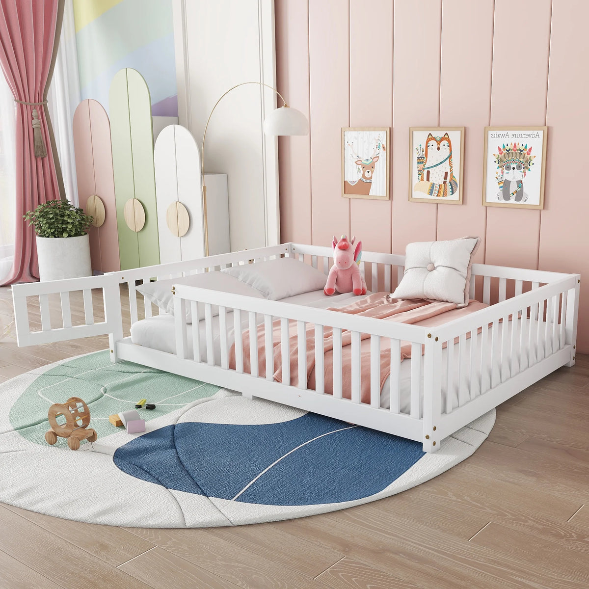 Bellemave Full Size Floor Bed with Door and Fence Floor Bed with Bed Slats Sturdy Wood Floor Bed Montessori Bed Frame (Full, Pink)