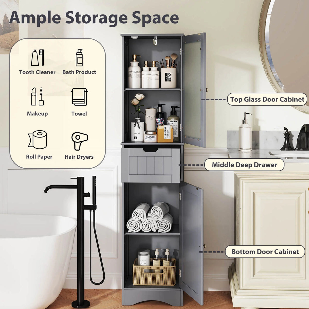 Costway Tall Bathroom Cabinet with Adjustable Shelves Deep Drawer for Living Room Black