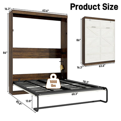 ANPOO Full Size Murphy Bed with 2 LED Lights, Farmhouse Wood Hidden Foldable Wall Bed Frame with Gas Struts, Storage Bed Cabinet for Bedroom, Office, Space-Saving, No Box Spring Needed