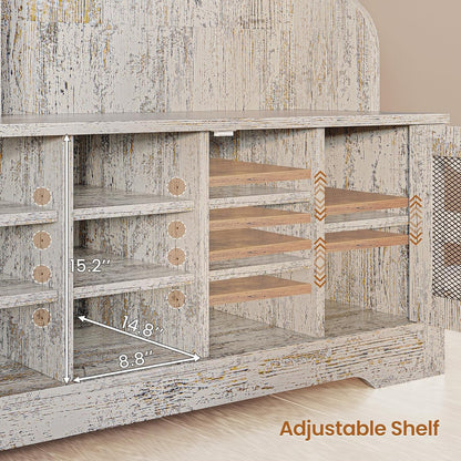 Hall Tree with Coat Rack and 16 Shoe Cubbies, 5-in-1 Entryway Bench with Bench and Shoe Storage, Barn Door & Adjustable Shelf, Embossed White