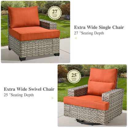 Ovios 10 Pieces Outdoor Patio Furniture Modern High-Back All-Weather Wicker Sectional Conversation Set with Propane Fire Pit Table & Swivel Chair, Dark Gray