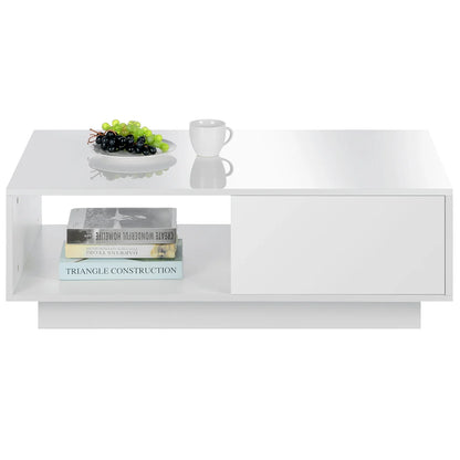 Hommpa LED Coffee Table Modern Side Tables High Gloss Black Cocktail Table with 2 Drawers Open Shelf for Living Room