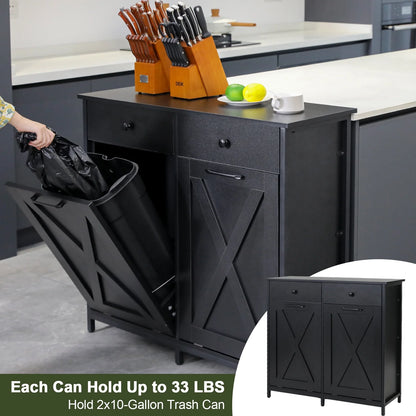 Pirecart 20 Gallon Double Tilt Out Trash Cabinet Wood Hidden Storage Cabinet, Recycling Cabinet with 2 Drawers, Black