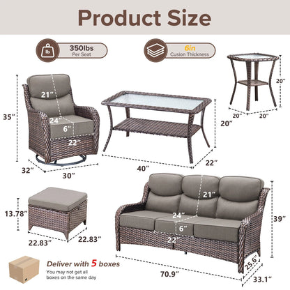 Bellefurn Luxury Outdoor Patio Furniture Set,Swivel Rocker Patio Chairs with 6-inch Thick Cushion,Patio Sofa and Glass Coffee Table,Outdoor Conversation Set for Porch, Deck, Yard
