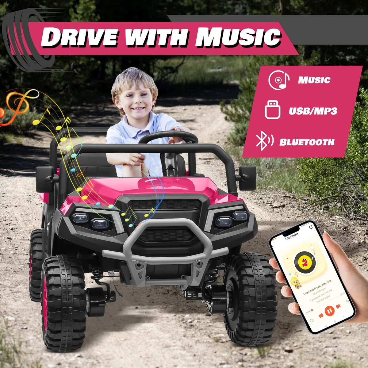 Joyracer 4WD 24 Volt Ride on Toys UTV with 2 Seater & Remote Control, Kids Electric Golf Cart w/ 4x200W Power Motors, Tiltable Trailer & Shovel, 4 Wheels Spring Suspension, Bluetooth USB Music, Black