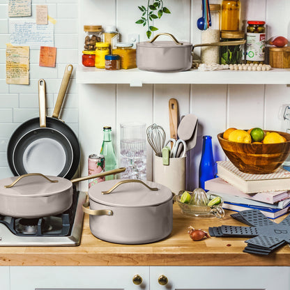 Beautiful 12pc Ceramic Non-Stick Cookware Set with Strainer Lids, White Icing by Drew Barrymore