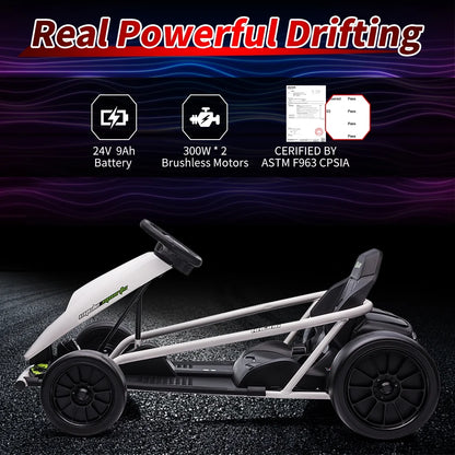 Geetinfly Go Kart for Kids,24V Battery 300WX2 Motors Pedal On Foot Go Cart,8MPH High Speed Drifting Car with Slow Start Function,Music,White