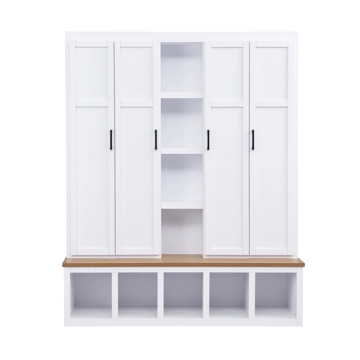 63" Farmhouse Hall Tree with Bench and Shoe Storage, 4-in-1 Entryway Bench with 4 Storage Cabinets, 5 Shoe Cabinets and 6 Hanging Hooks, Black