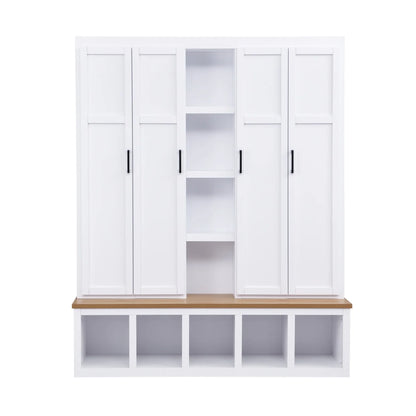 63" Farmhouse Hall Tree with Bench and Shoe Storage, 4-in-1 Entryway Bench with 4 Storage Cabinets, 5 Shoe Cabinets and 6 Hanging Hooks, Black