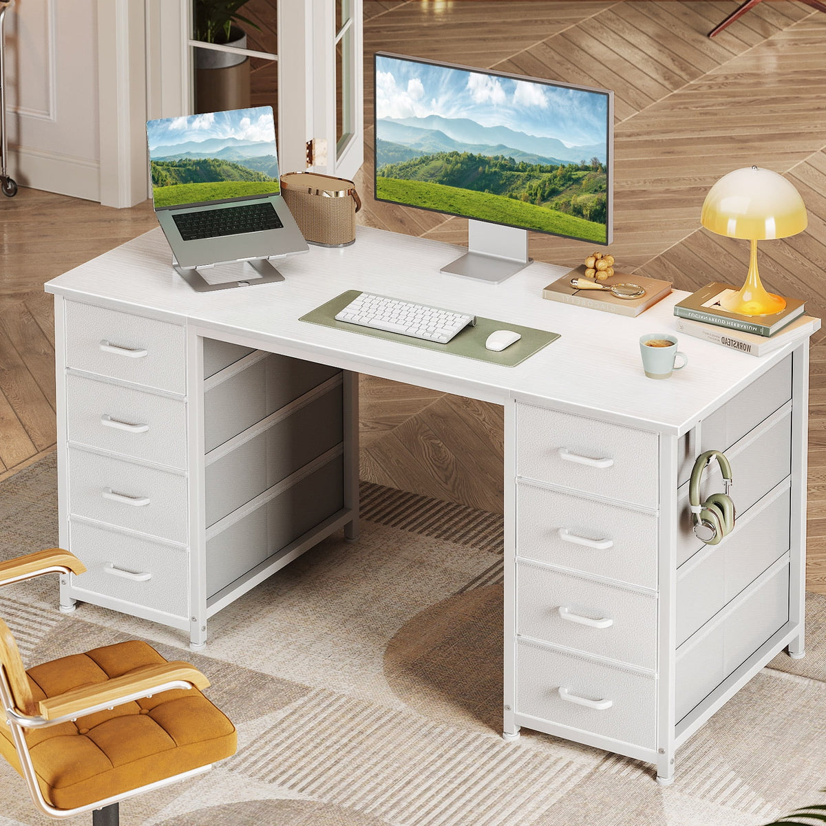 White Computer Desk with Drawers for Storage - 48 inch Home Office Desk with 8 Fabric Drawers, Writing Study Desk with Drawers on Both Sides for Bedroom