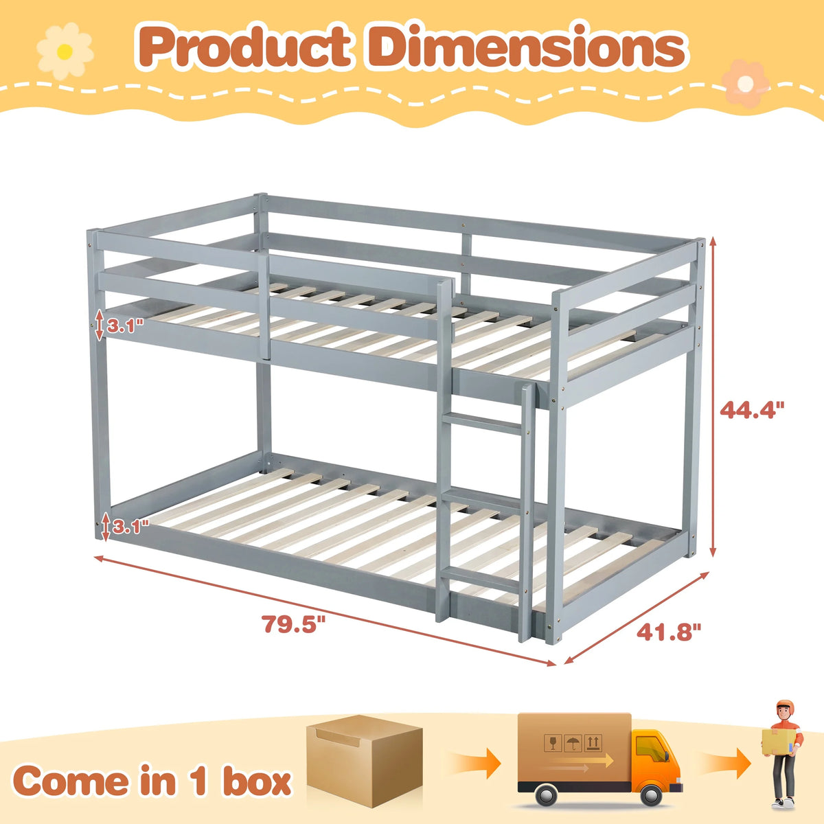 SESSLIFE Bunk Bed Twin Over Twin, Low Floor Bunk Bed with Guard Rails for Dorm, Small Space, No Box Spring Needed(White)
